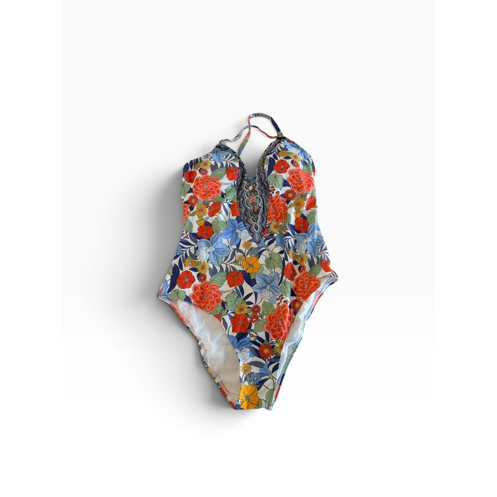 Cupshe Floral Slim & Sculpt One Piece Swimsuit Lace Up V-Neck Blue Orange L NWT